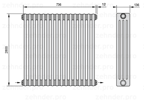 Схема (чертеж) Радиатор Zehnder Charleston 4280/16 №2670 Белый глянцевый RAL 9016